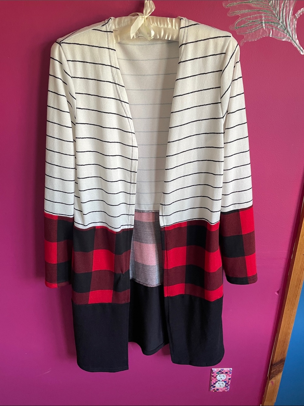 Striped & Buffalo Plaid Open Cardigan White, Red, Black with Pockets